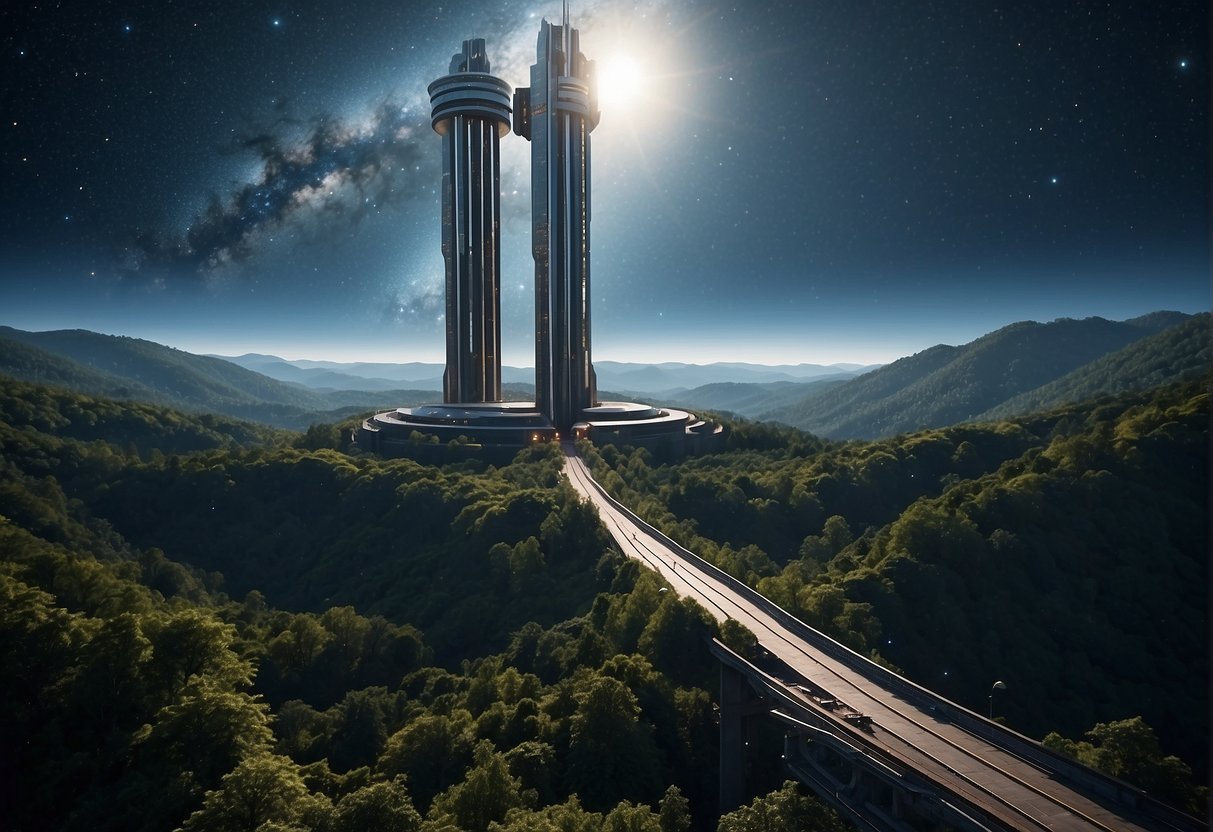 A towering space elevator rises from Earth's surface, supported by a sturdy base and extending into the starry expanse above. Advanced technology and futuristic architecture are evident in the design