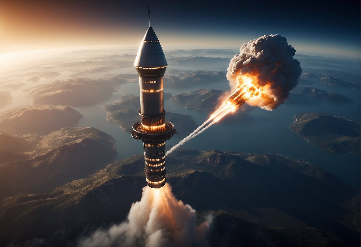 A space elevator extends from Earth's surface into the atmosphere, with a sleek, futuristic design. A rocket launches nearby, with flames and smoke billowing from its engines