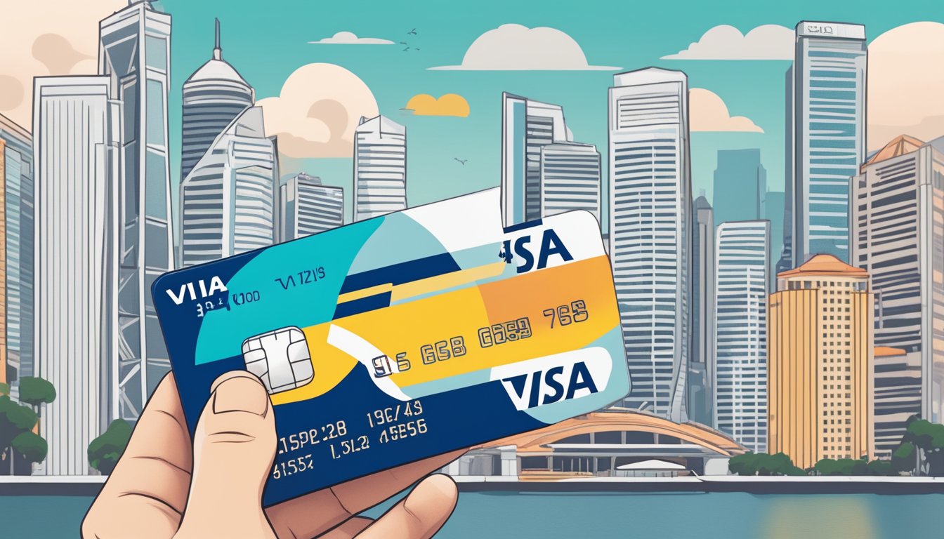 A hand holding a POSB Visa debit card against a backdrop of iconic Singapore landmarks