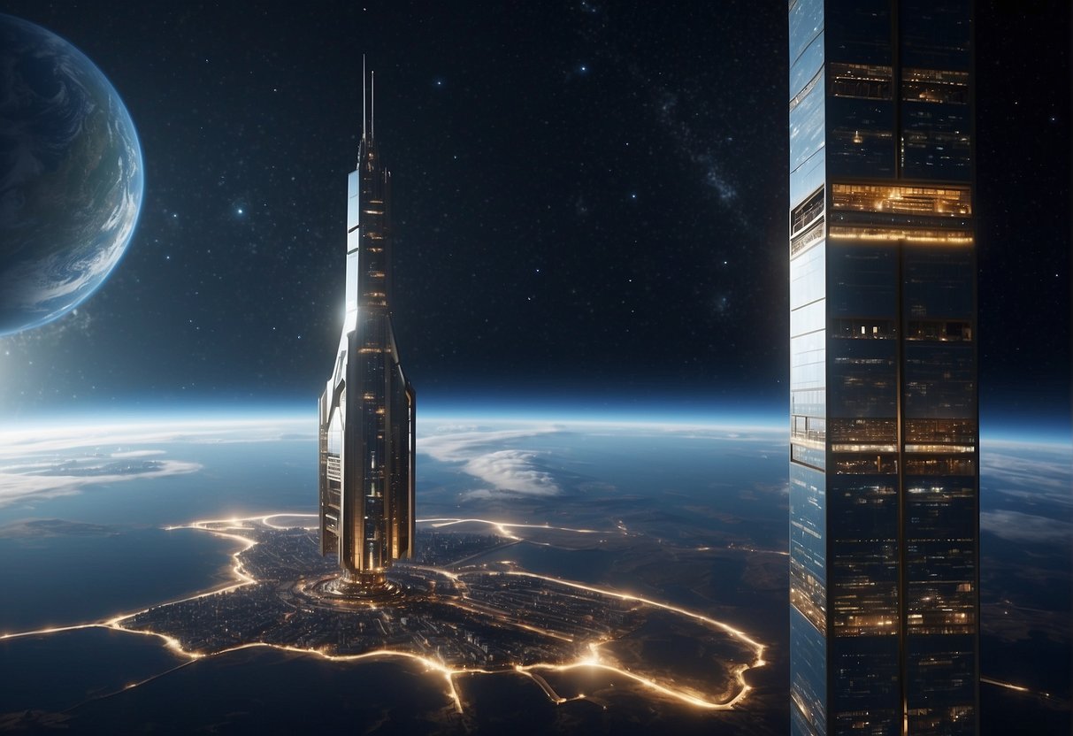 A towering space elevator rises into the sky, surrounded by futuristic buildings and spacecraft. The Earth looms in the background, with stars twinkling in the vast expanse of space