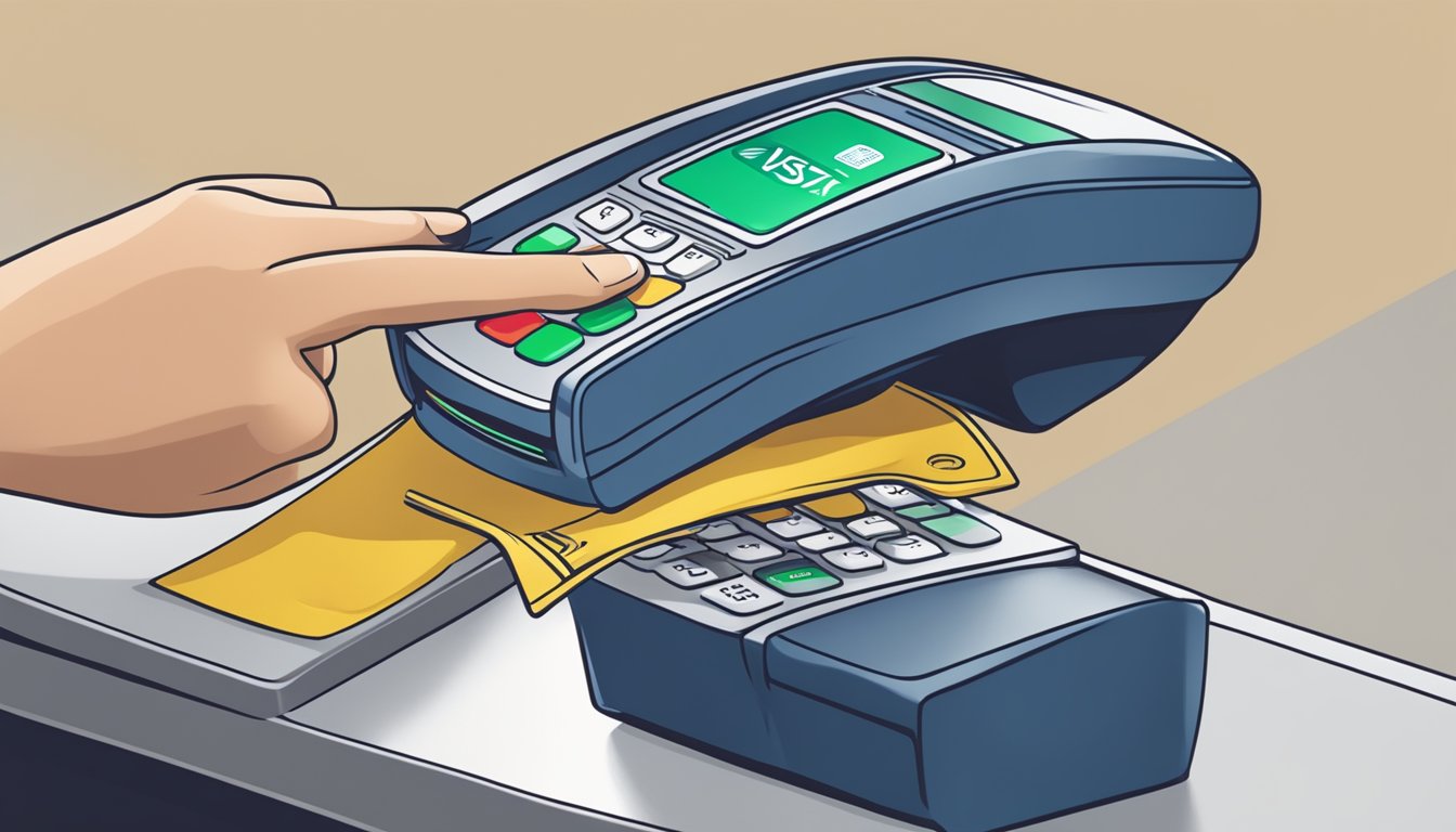A hand swiping a POSB Visa Debit Card at a payment terminal in Singapore