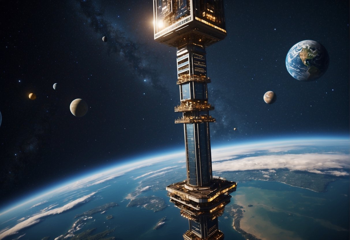 A towering space elevator rises from Earth's surface, reaching towards the stars. Satellites and spacecraft orbit above, while futuristic technology and infrastructure support the colossal structure