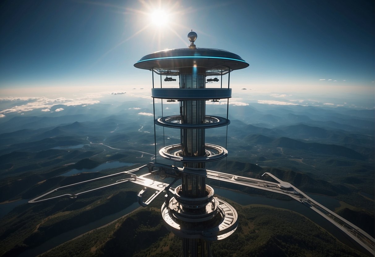 A space elevator extends from Earth to a distant space station, with futuristic technology and sci-fi elements incorporated into the design