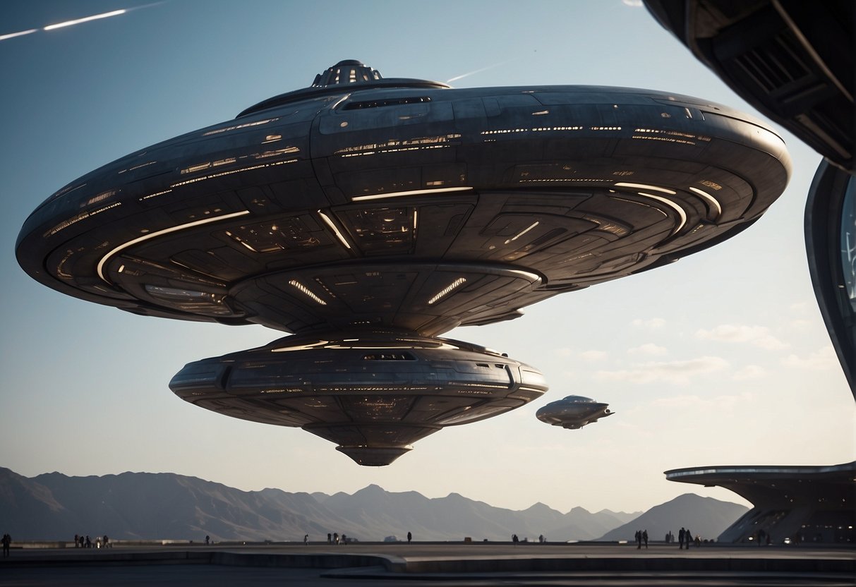 The Legacy of Star Wars - Spaceships and futuristic technology inspired by Star Wars, with sleek designs and advanced propulsion systems, are displayed in a bustling spaceport