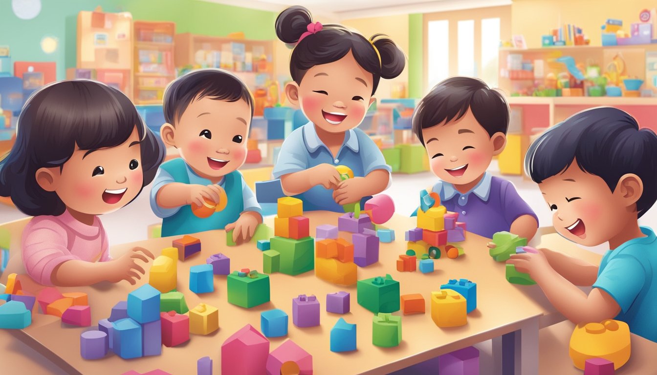 Children happily playing with educational toys at a colorful PosbKids account benefit event in Singapore