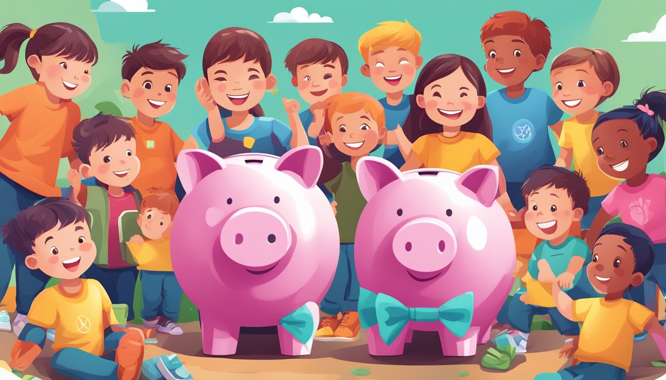A colorful piggy bank surrounded by happy children, with the POSBkids logo and account benefits displayed in the background