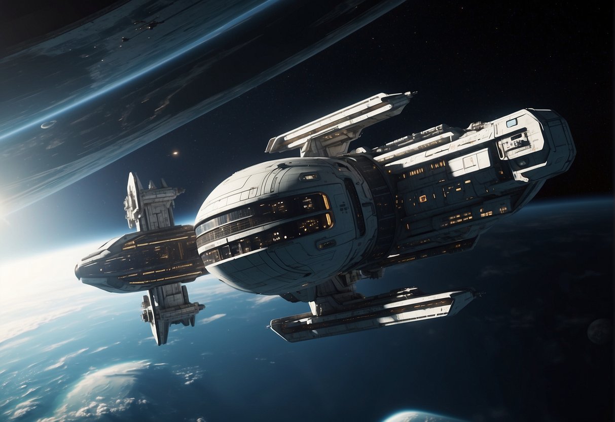 Spaceship docking at a futuristic space station with advanced technology and design, resembling scenes from the Star Wars universe