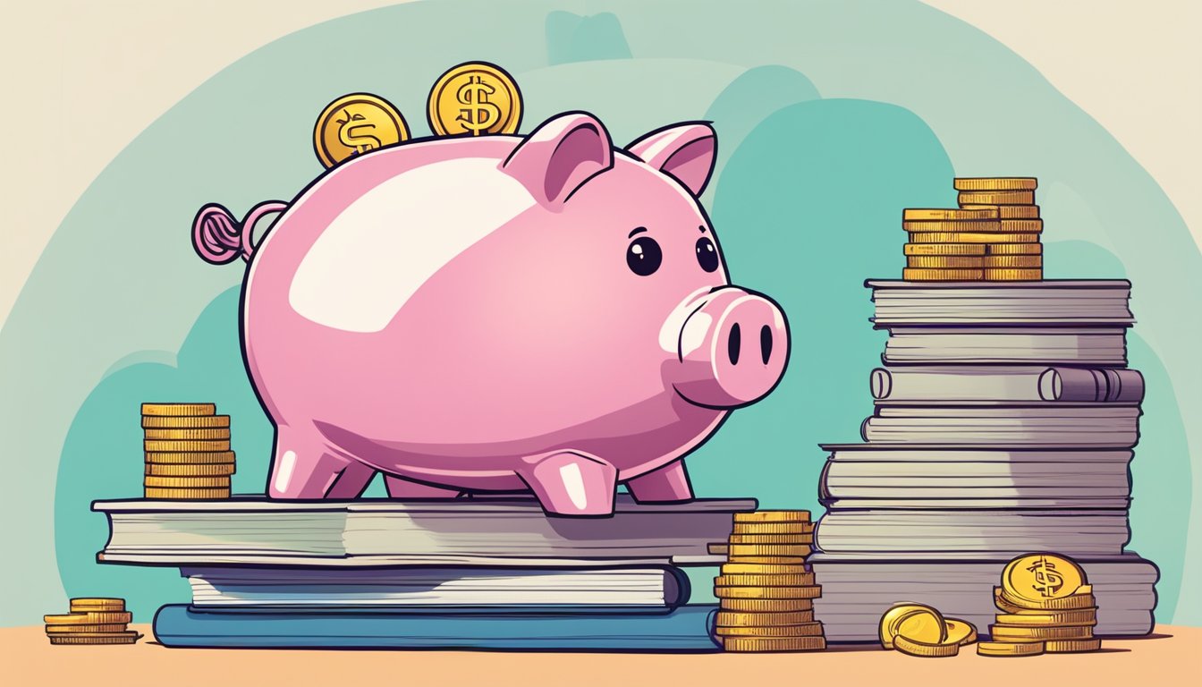 A vibrant piggy bank sits on a stack of books, surrounded by coins and dollar bills. A sign above reads "Financial Education and Savings posbkids account benefit Singapore."