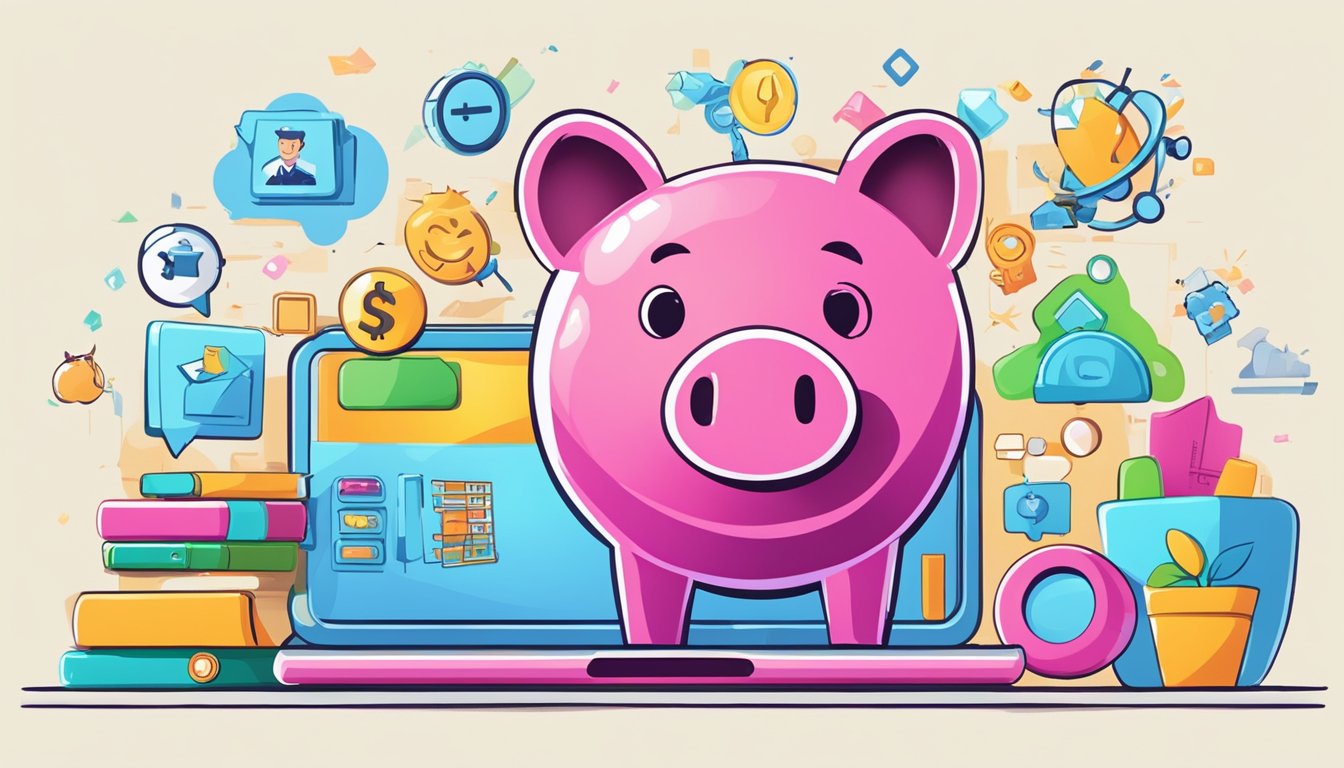 A colorful piggy bank with a smiling cartoon character on a computer screen, surrounded by playful icons and educational symbols