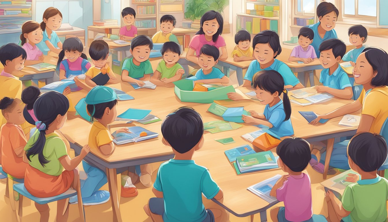 A colorful, engaging illustration of children enjoying educational activities and parents accessing benefits for their kids' accounts in Singapore