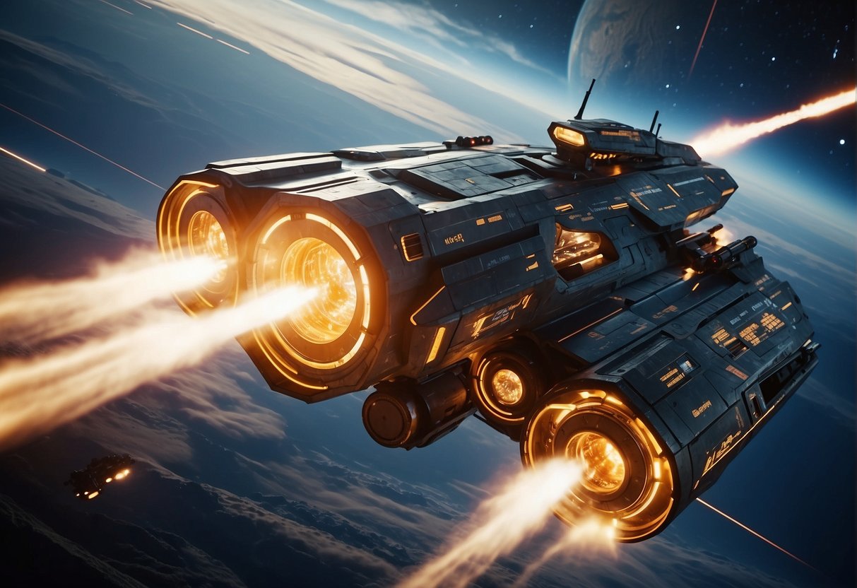 A space battle rages with ships firing lasers and launching missiles, while advanced technology and futuristic weaponry are on display