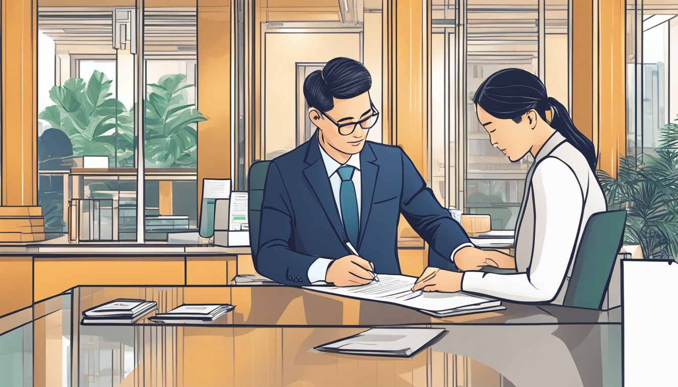 A business owner signing a contract with a bank representative, outlining repayment terms for a pre-approved line of credit in Singapore
