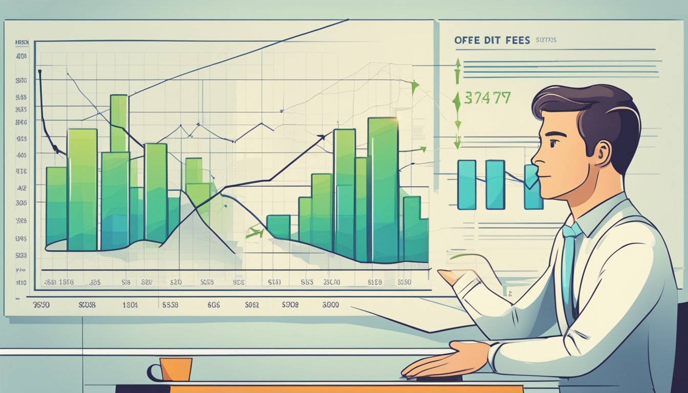 A person explaining fees and interest with a visual aid of a line graph and dollar signs