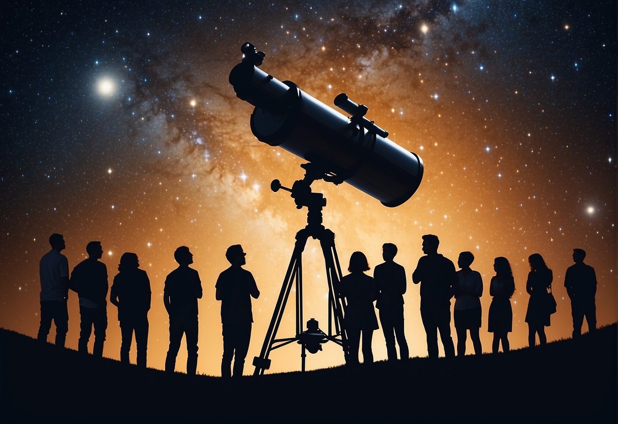 A telescope points towards the night sky, with a glowing star cluster in the distance. A group of diverse individuals gather around, engaged in animated conversation