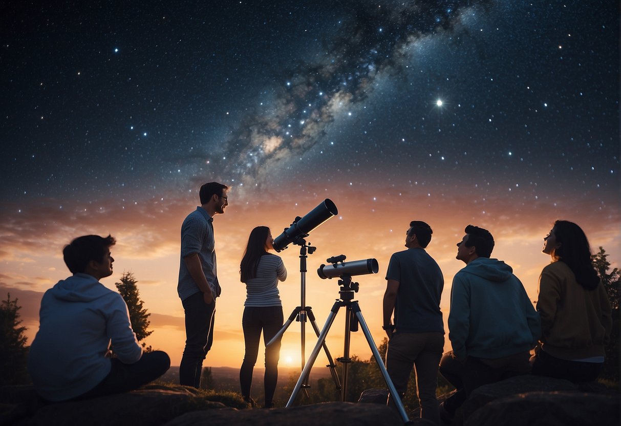 A telescope points towards a starry sky, while a group of diverse people engage in animated conversation about astrophysics and accessible science