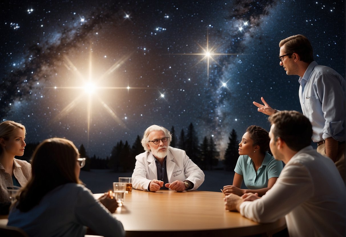 A scientist points to a star-filled sky, while a group of diverse individuals listen intently, engaging in a lively discussion about the cosmos