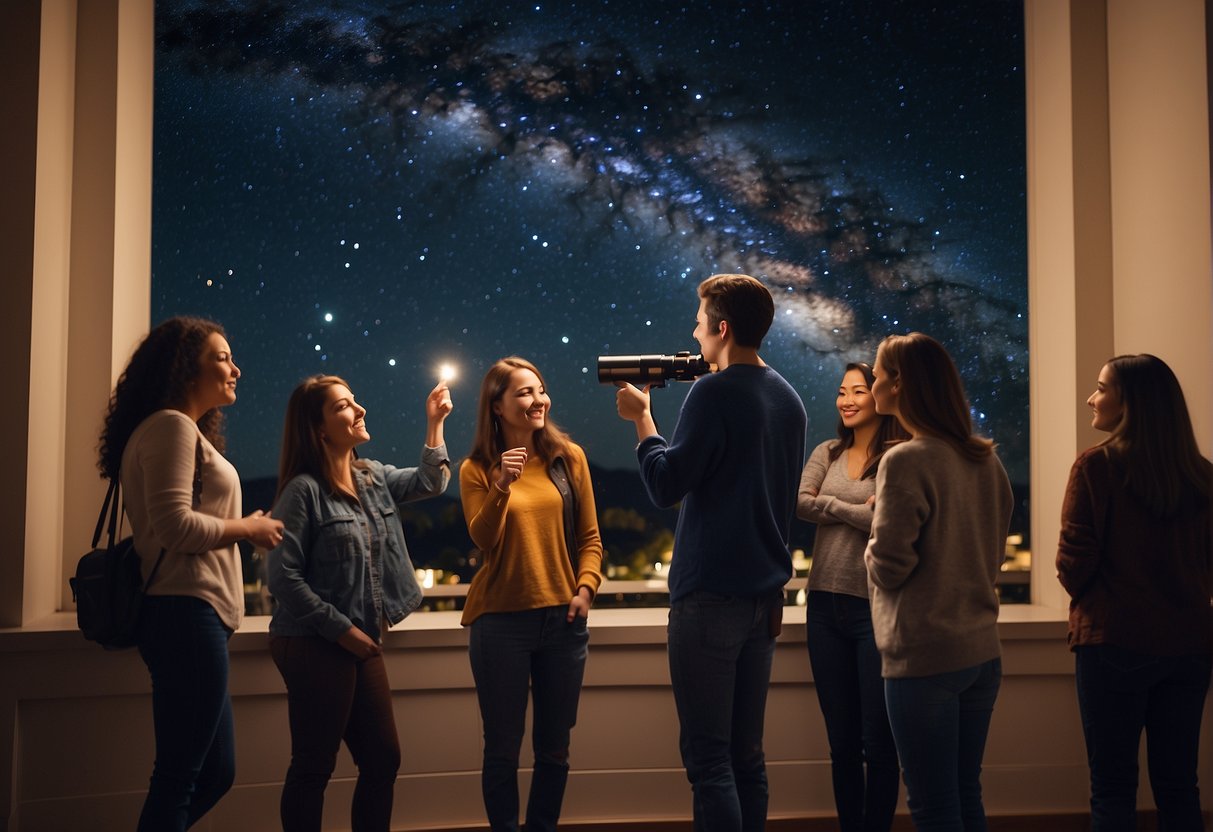 A group of students gather around a telescope, pointing up at the night sky. A teacher uses visual aids to explain complex astrophysics concepts in a simple and engaging way