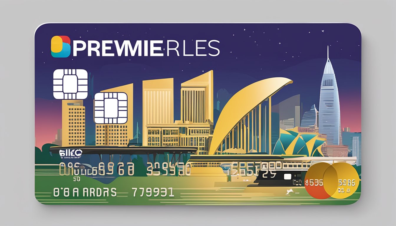 A sleek credit card with "Premier Miles" branding against a backdrop of iconic Singapore landmarks