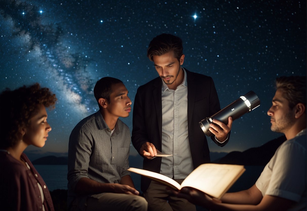 A telescope points towards a starry sky, with a book on astrophysics open nearby. A group of diverse people listens attentively to a scientist sharing stories about the cosmos