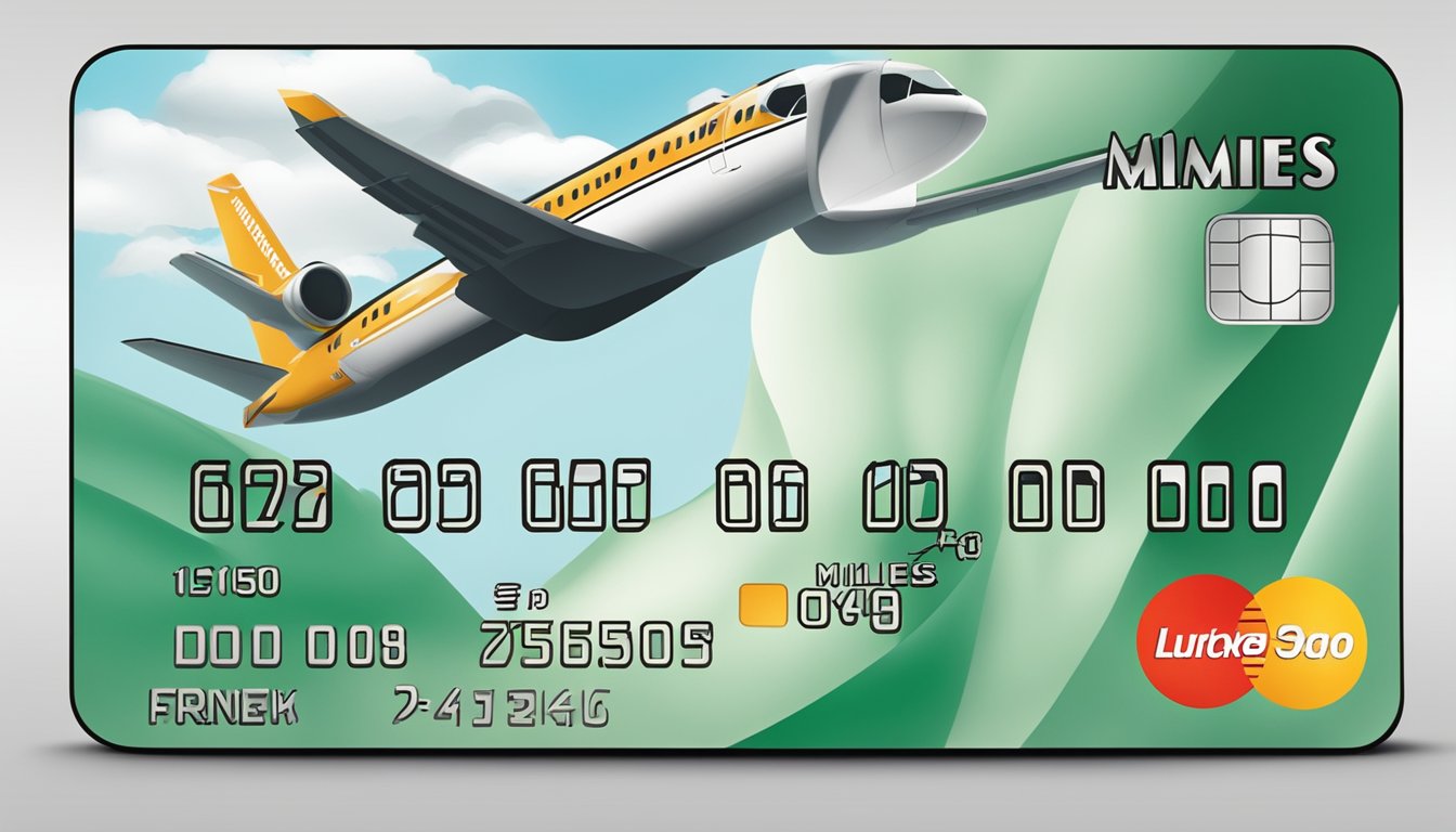 A sleek and modern credit card with the words "Premier Miles" prominently displayed. Airplane and travel-related imagery in the background