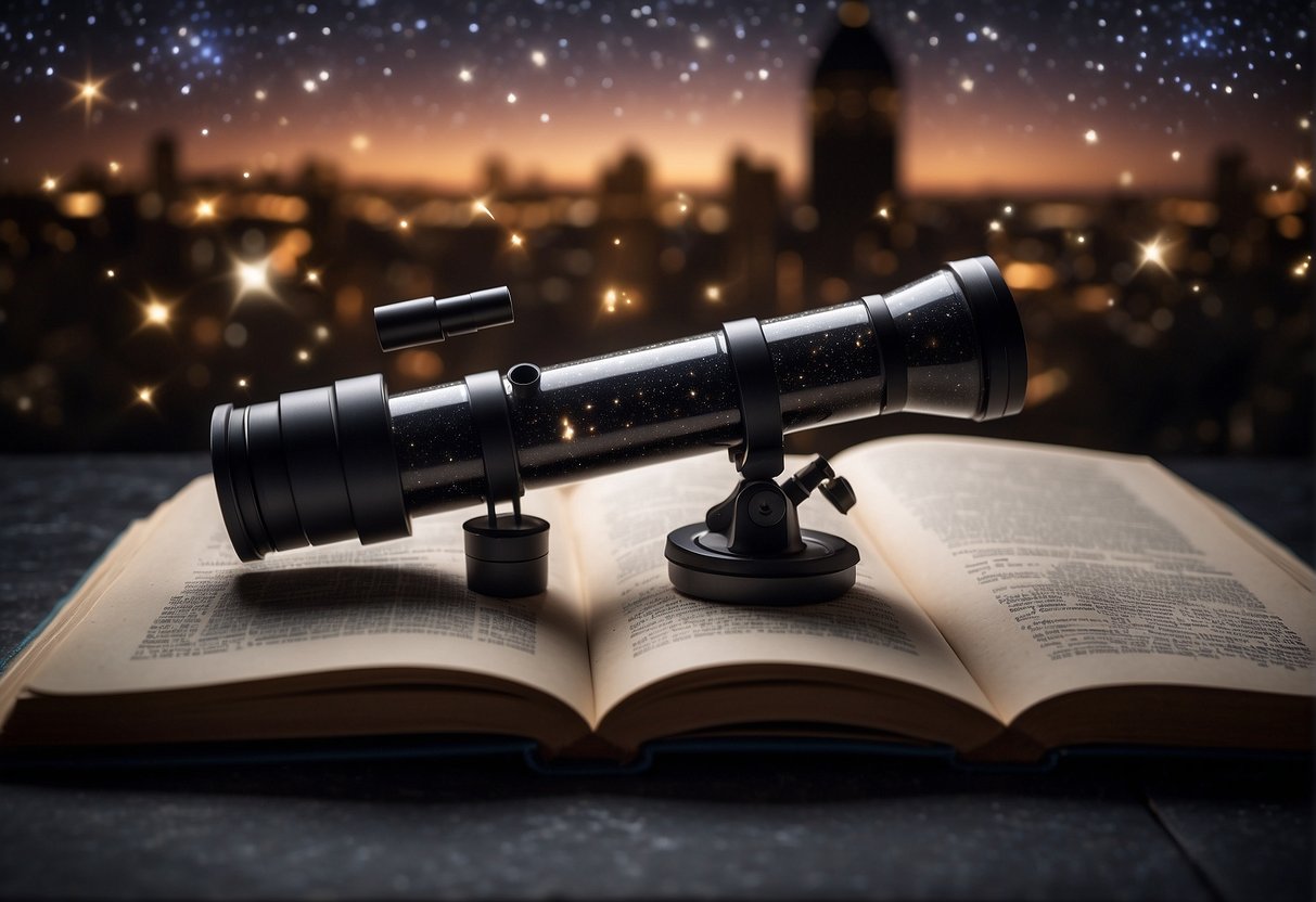 A telescope points towards the night sky, while a book with scientific diagrams and storytelling elements sits open nearby. The stars twinkle above, creating a sense of wonder and curiosity