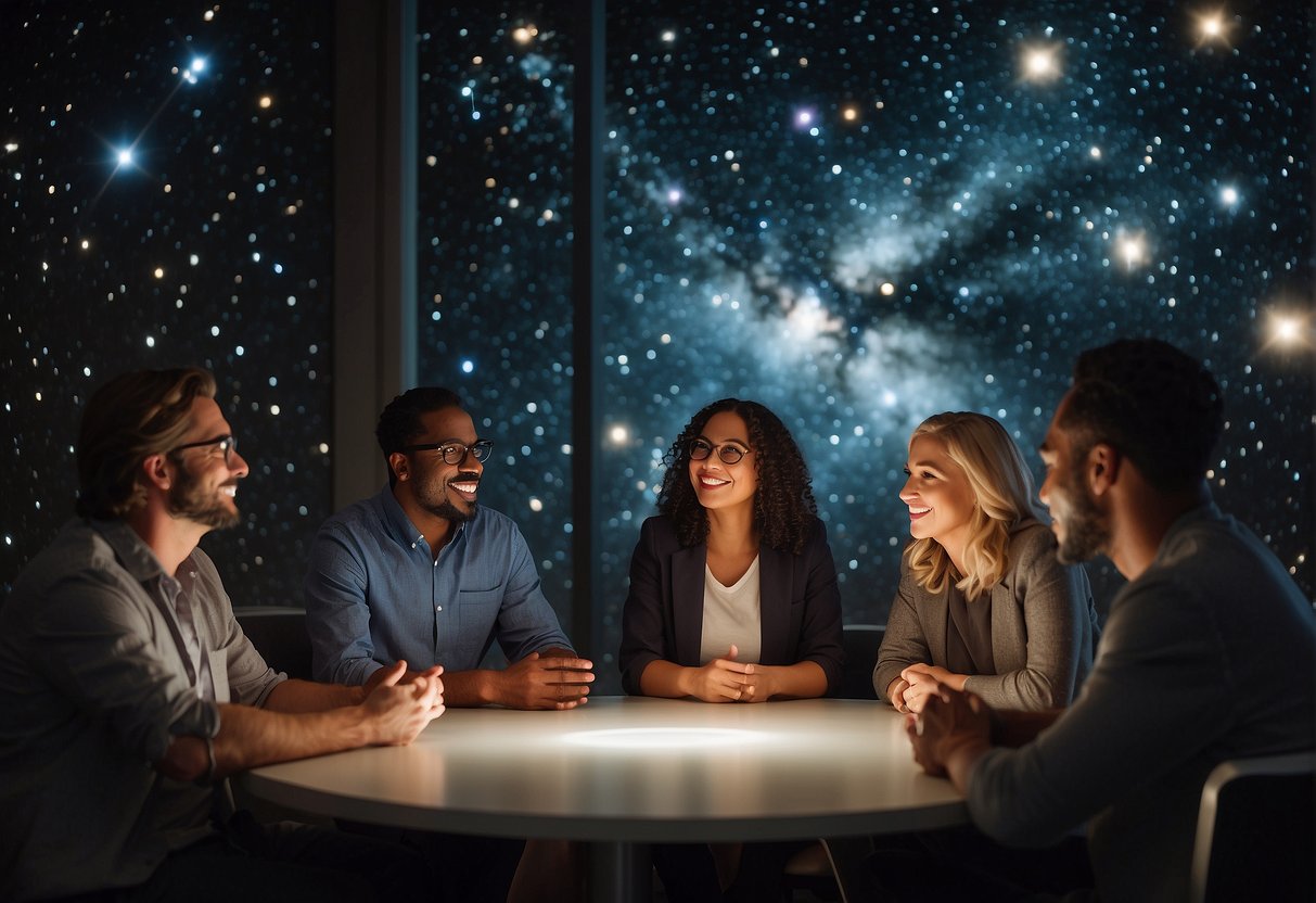 A group of diverse individuals engage in conversation around a table, surrounded by images of stars and galaxies. A sense of collaboration and knowledge sharing is evident as they work to bridge the gap between astrophysics and accessible science storytelling