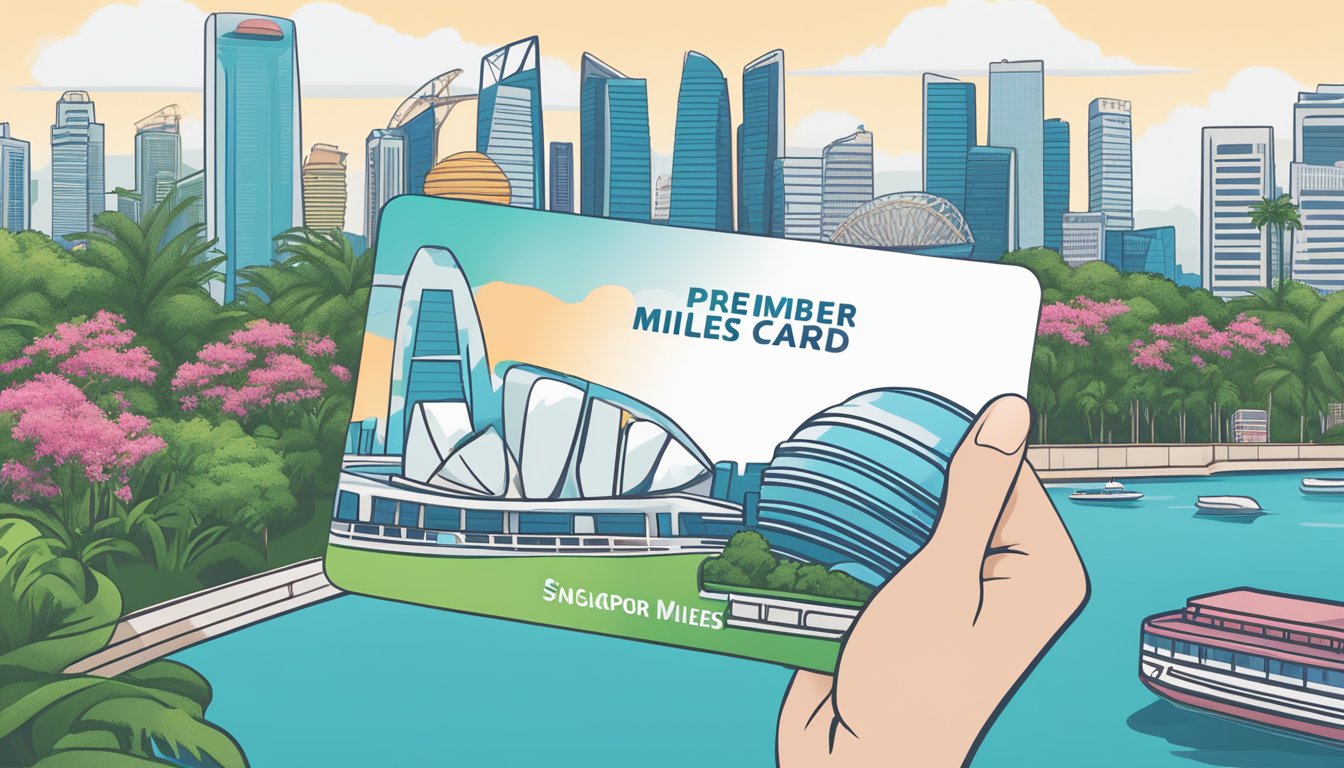 A hand holding a Citi Miles premier miles card against a backdrop of iconic Singapore landmarks, such as the Marina Bay Sands or the Gardens by the Bay