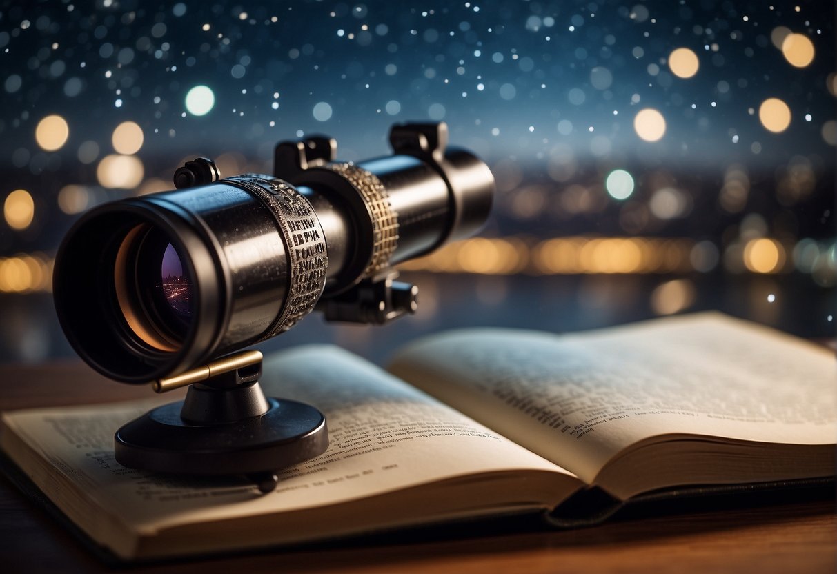 A telescope pointing towards the stars with a bridge connecting to a book, symbolizing the connection between astrophysics and accessible science storytelling