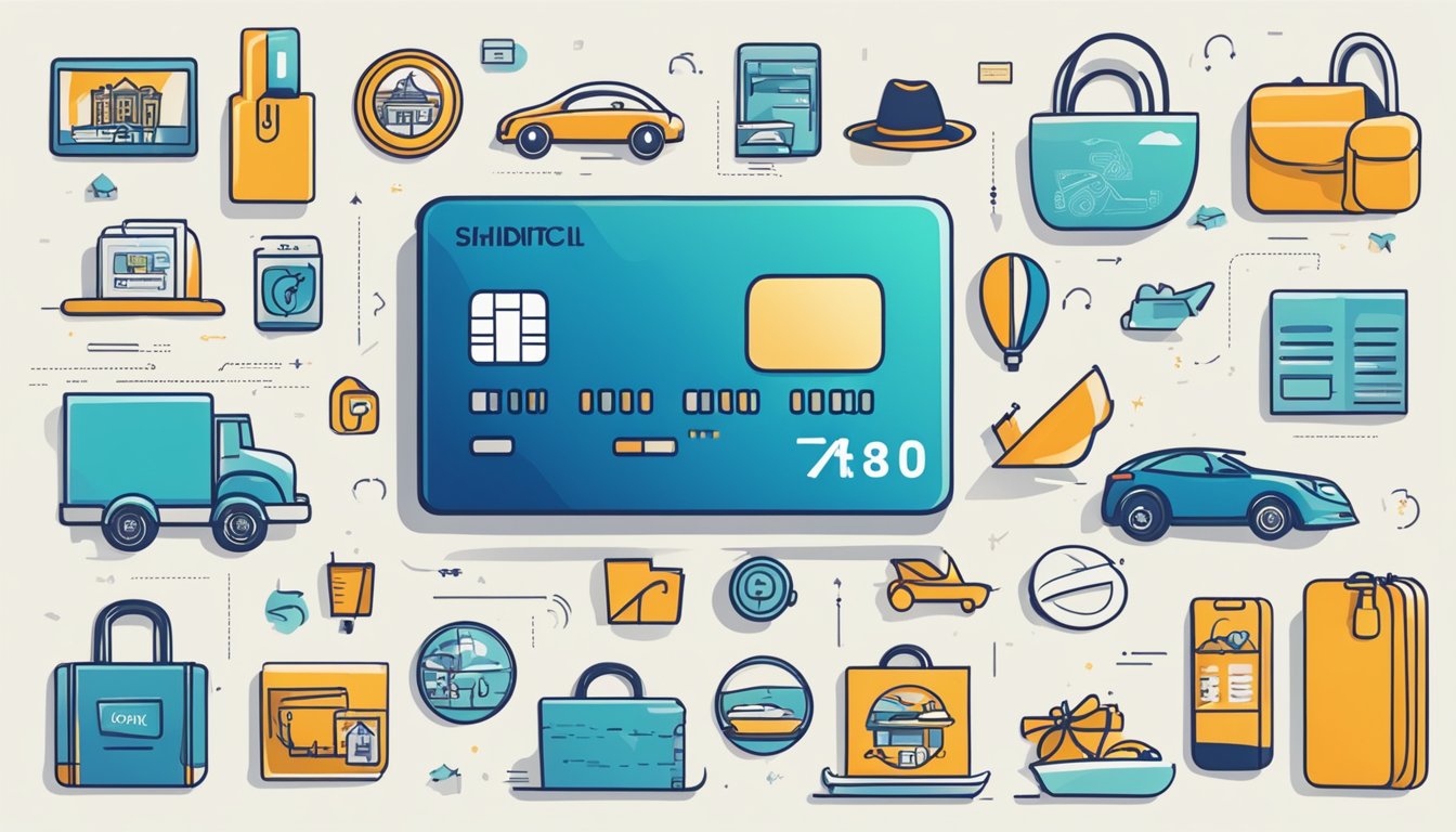 A credit card surrounded by icons of travel, dining, and shopping, with a prominent "Fees and Charges" label