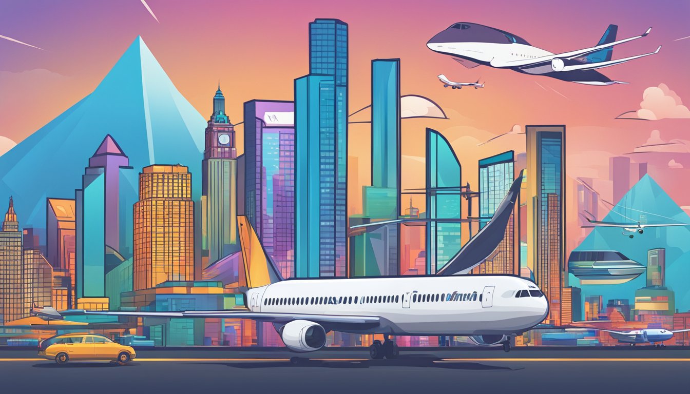 A vibrant city skyline with iconic landmarks, a sleek and modern airplane flying above, and a stack of premier miles credit cards in the foreground