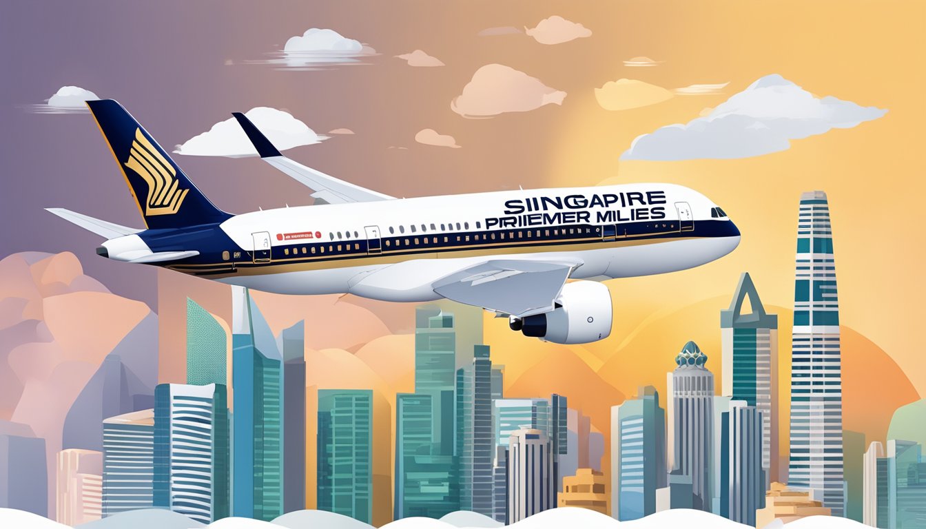 A hand holding a Singapore Airlines Premier Miles credit card with a background of iconic Singapore landmarks and a plane flying overhead