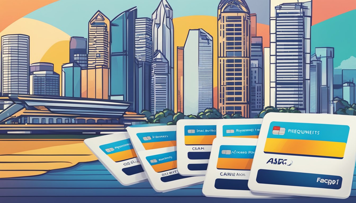 A stack of credit cards with the "Frequently Asked Questions" logo, set against the backdrop of Singapore's iconic skyline