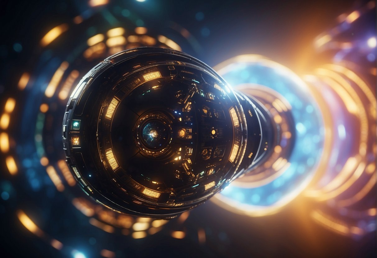 A futuristic spaceship zooms through a swirling vortex of colorful lights, streaking past stars and planets in a blur of motion
