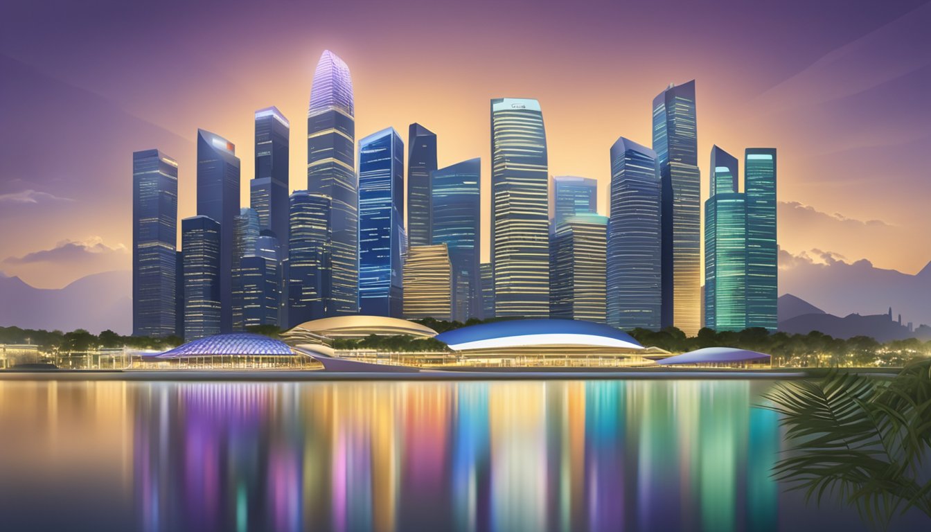 A prestigious credit card from Singapore shines under soft lighting, with the city's iconic skyline in the background