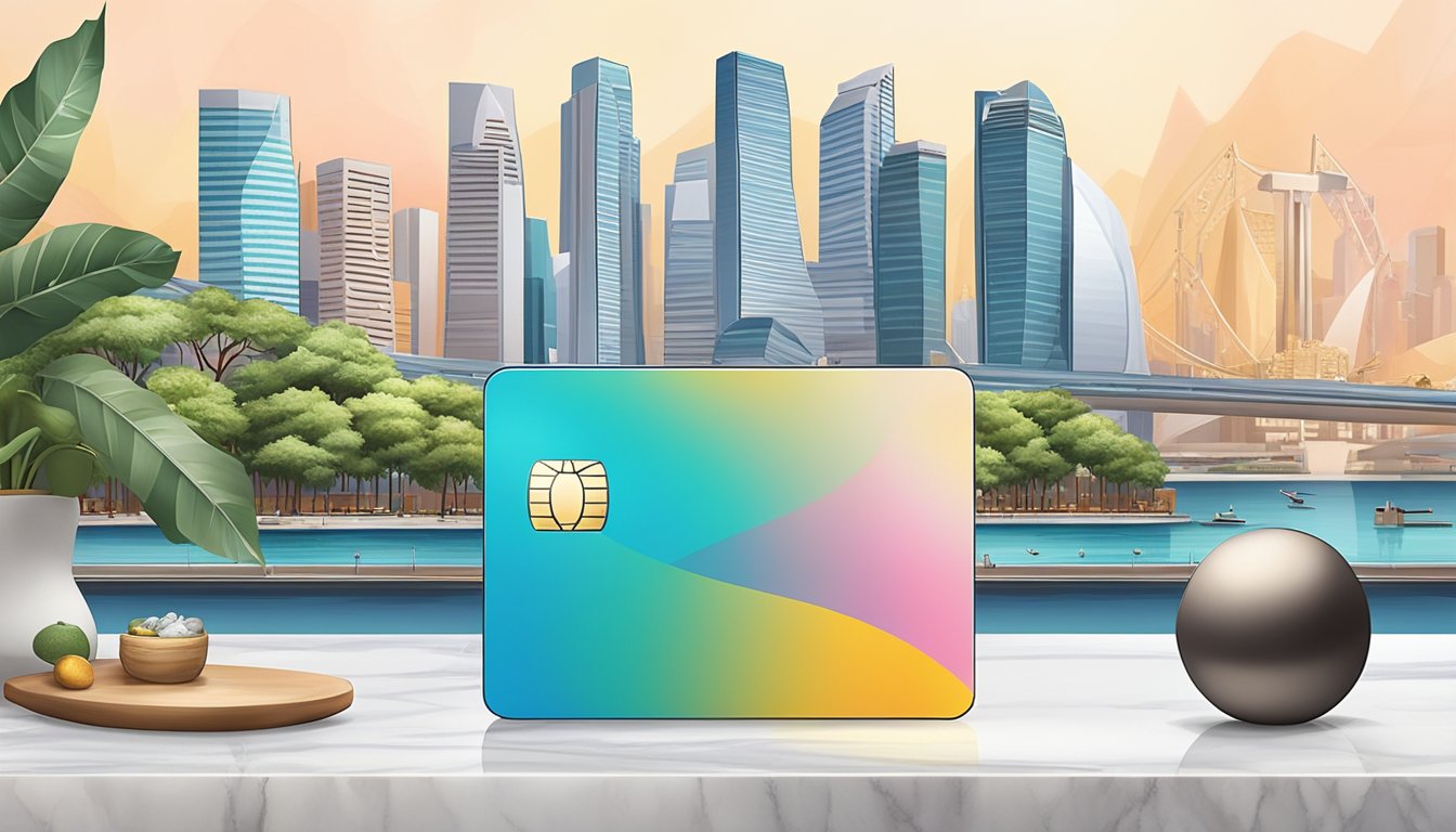 A sleek, modern credit card sits on a luxurious marble countertop, surrounded by high-end retail items and a backdrop of the iconic Singapore skyline
