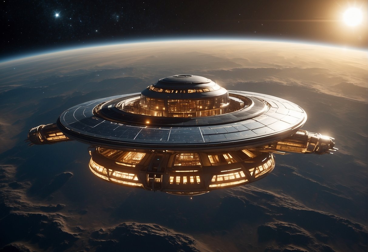 A sleek, futuristic space station floats gracefully amidst the stars, its metallic exterior gleaming in the soft glow of distant galaxies. Solar panels and advanced technology adorn its surface, creating a vision of utopian harmony in the cosmos