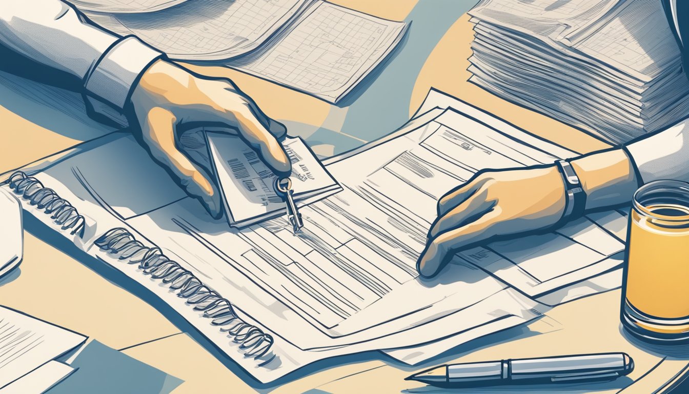 A hand placing a check on a table, with a real estate contract and keys nearby