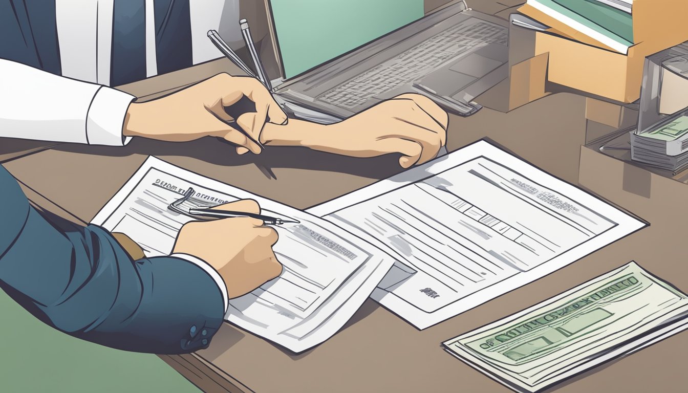 A person signing a contract and handing over a check for a downpayment on a private property in Singapore