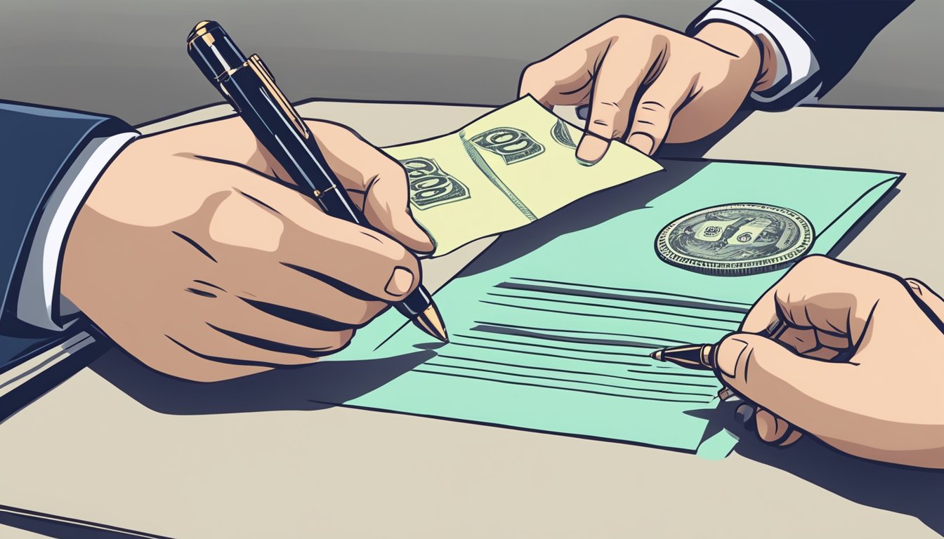 A hand holding a pen signs a document with the words "Stamp Duties and Additional Costs" while another hand places money on a table, symbolizing a private property downpayment in Singapore