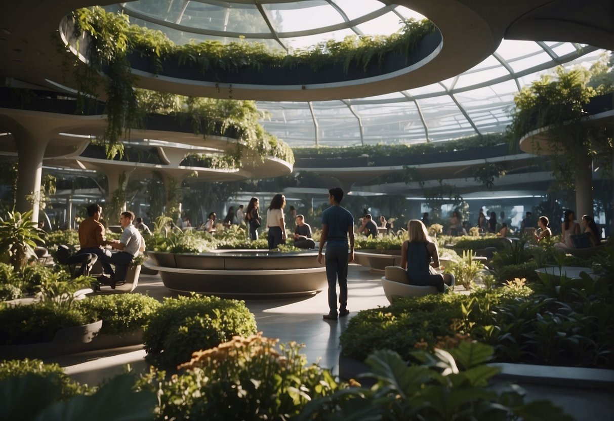People enjoying leisure activities in lush gardens, while others engage in futuristic technology and sustainable practices. A serene and harmonious atmosphere prevails throughout the utopian space station