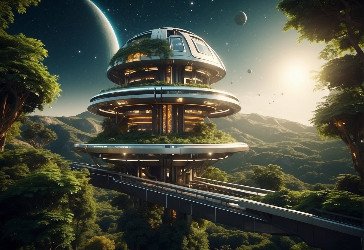 A futuristic space station with sleek, geometric architecture and lush greenery integrated throughout, surrounded by a backdrop of stars and galaxies