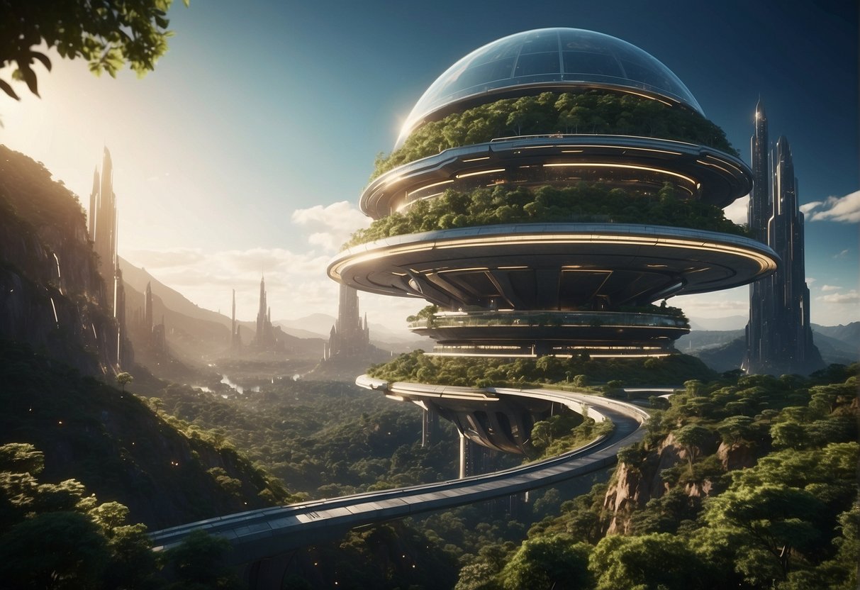 A futuristic space station, Elysium, hovers above a vibrant cityscape, emitting an otherworldly glow. Sleek, metallic architecture and lush greenery coexist in harmony, showcasing the utopian vision of the future
