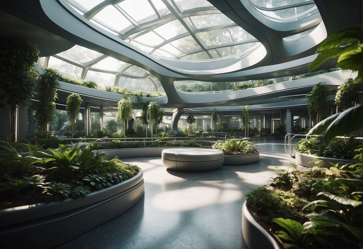 A futuristic space station with sleek, curved architecture and lush greenery integrated throughout. Bright, natural light floods the open communal areas, creating a sense of harmony and tranquility