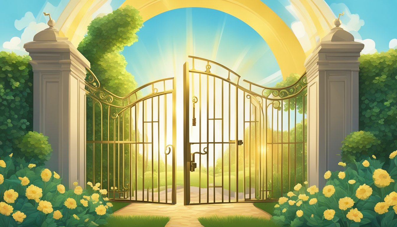 A golden key unlocking a gate to a lush garden with a shining sun and a clear blue sky overhead