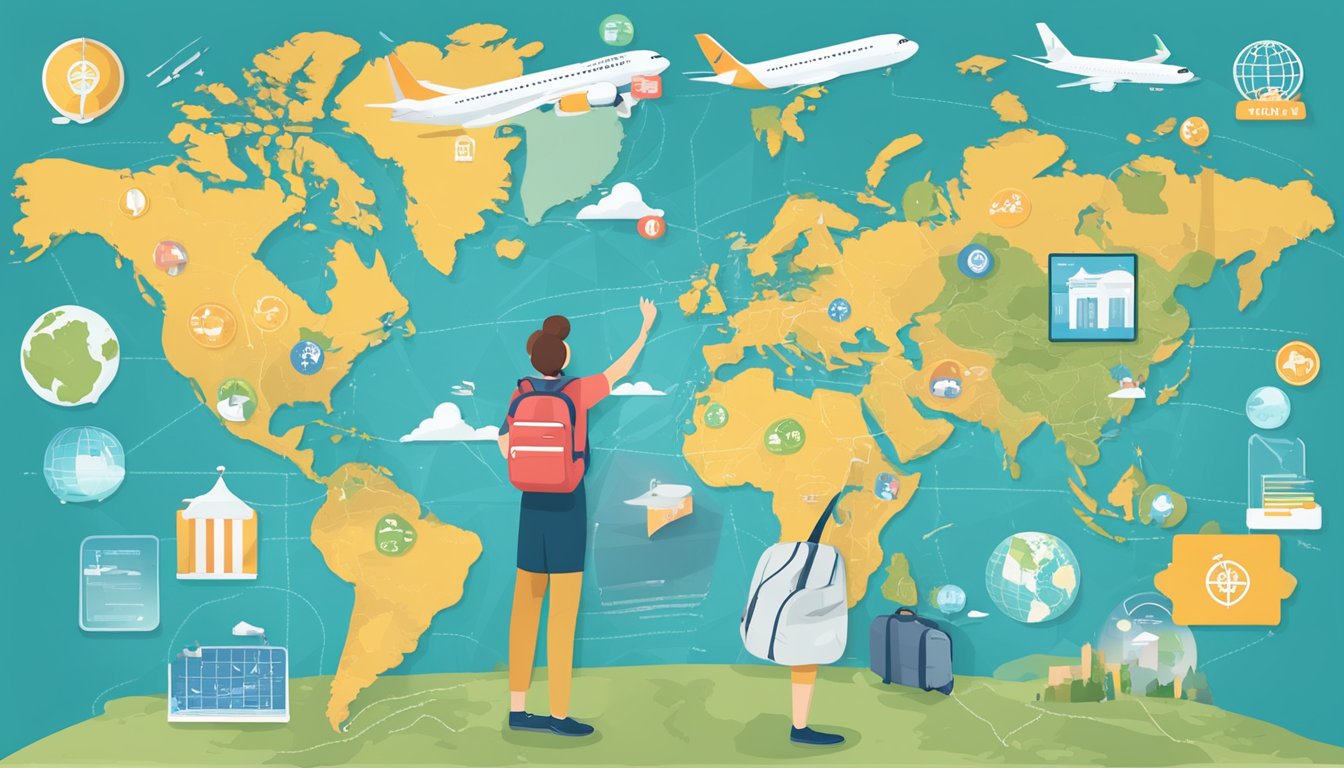 A traveler holding a Prvi Miles Card, standing in front of a world map with various destinations marked, surrounded by travel benefits and protections icons