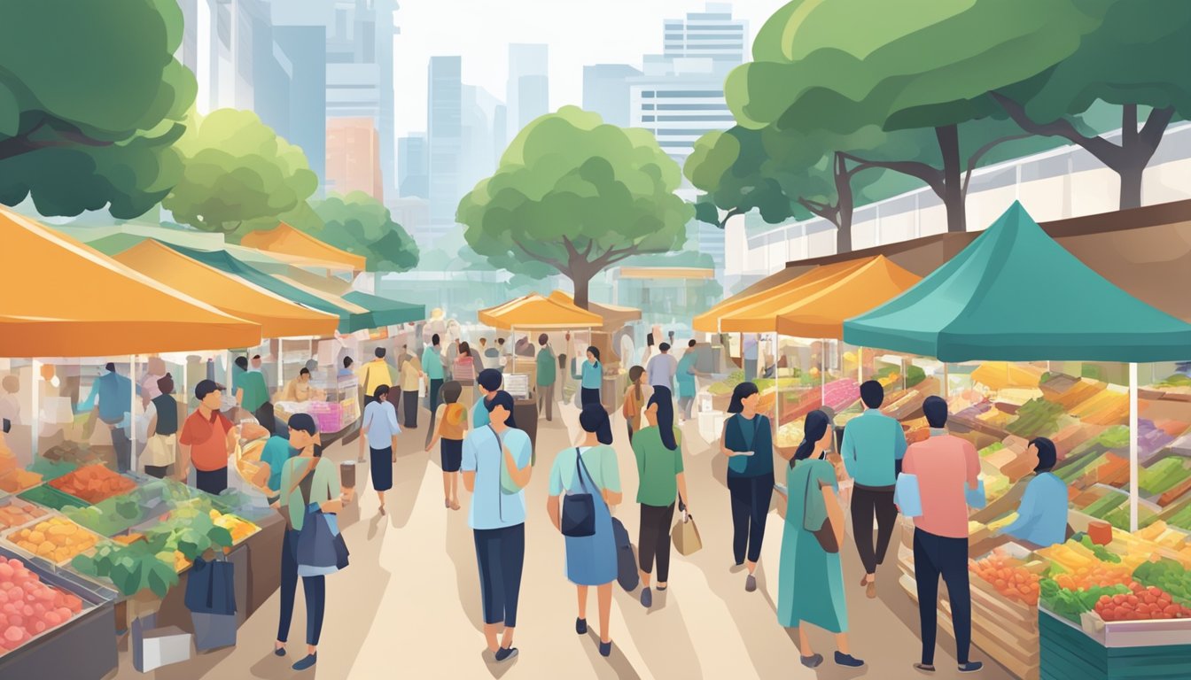 A bustling market in Singapore, with various property types on display. People are engaged in conversations with real estate agents, analyzing market insights