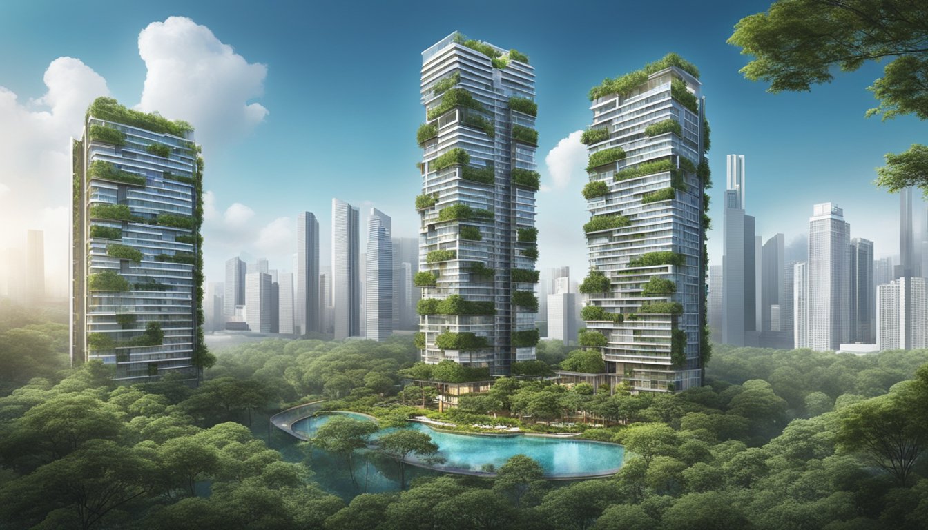 A modern high-rise condominium in Singapore, surrounded by lush greenery and with a clear view of the city skyline, showcasing the potential for maximizing investment returns through purchasing a second property
