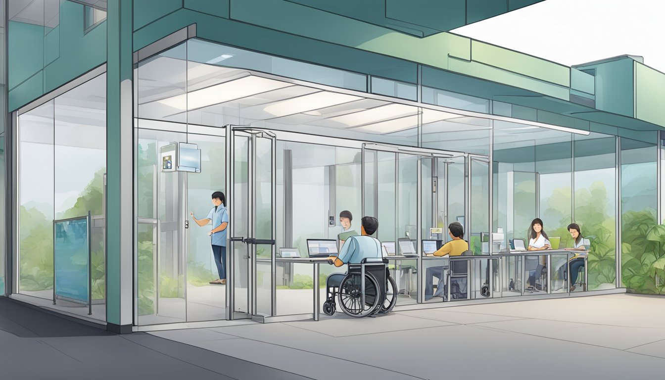 A QTC swab test center in Singapore with clear signage and wheelchair accessibility