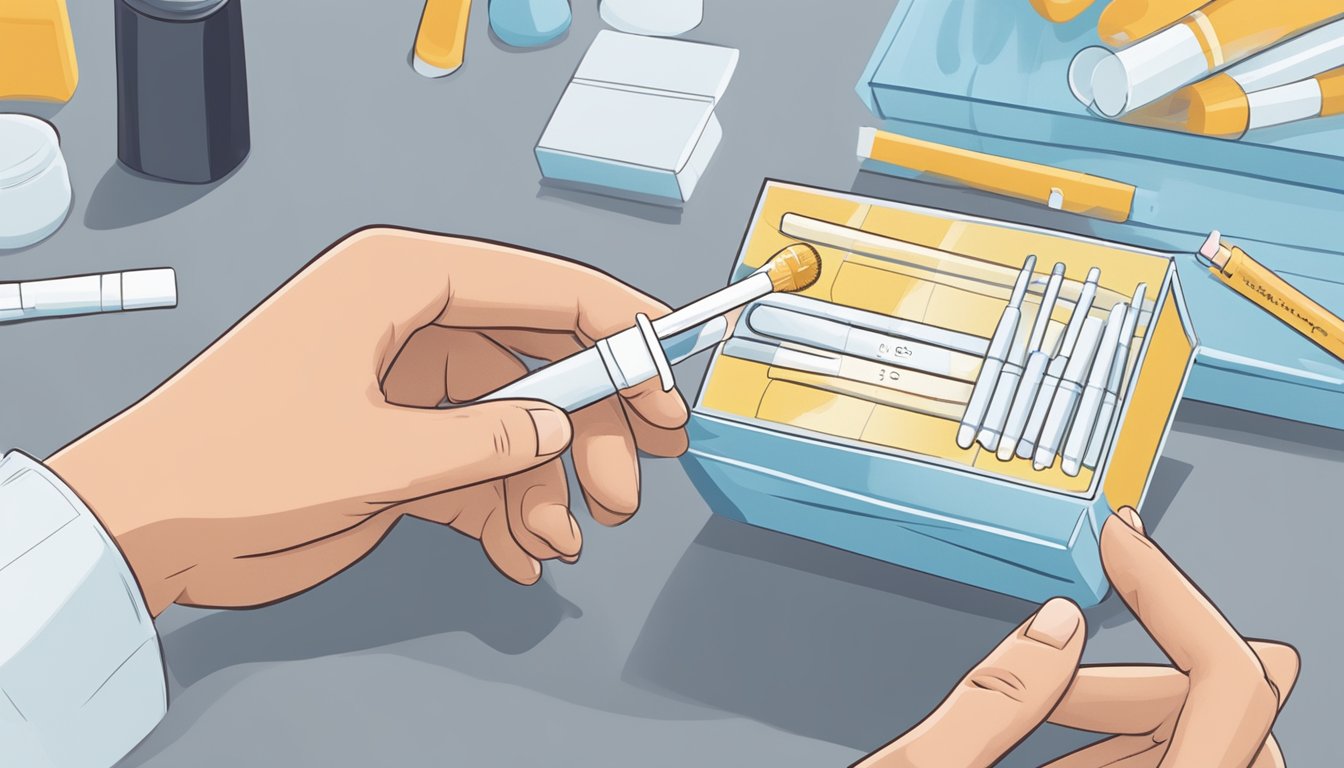A person holding a Q-tip swab near a testing kit labeled "Frequently Asked Questions qtc swab test singapore."