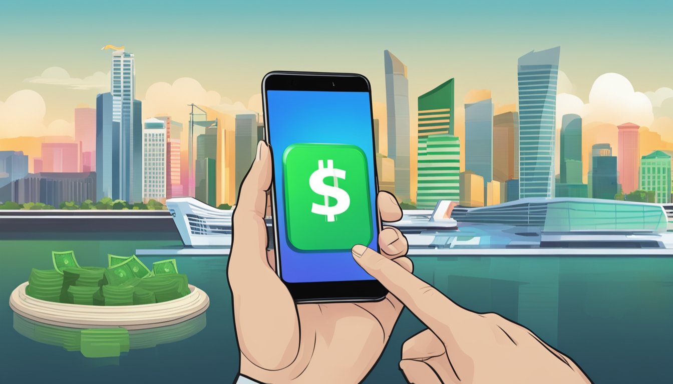 A hand holding a smartphone with a cash app open, with the Singapore skyline in the background